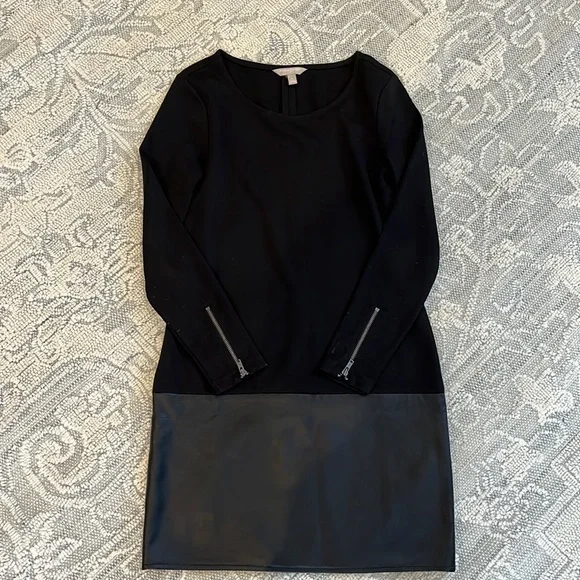 slim fit dress slacks BANANA REPUBLIC Black Faux Leather Round Neck Short Sleeve Tunic Dress   Second Wave Couture